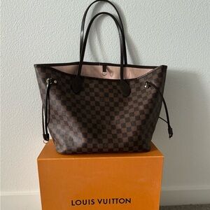 LV Damier Ebene Rose Neverfull Bag MM